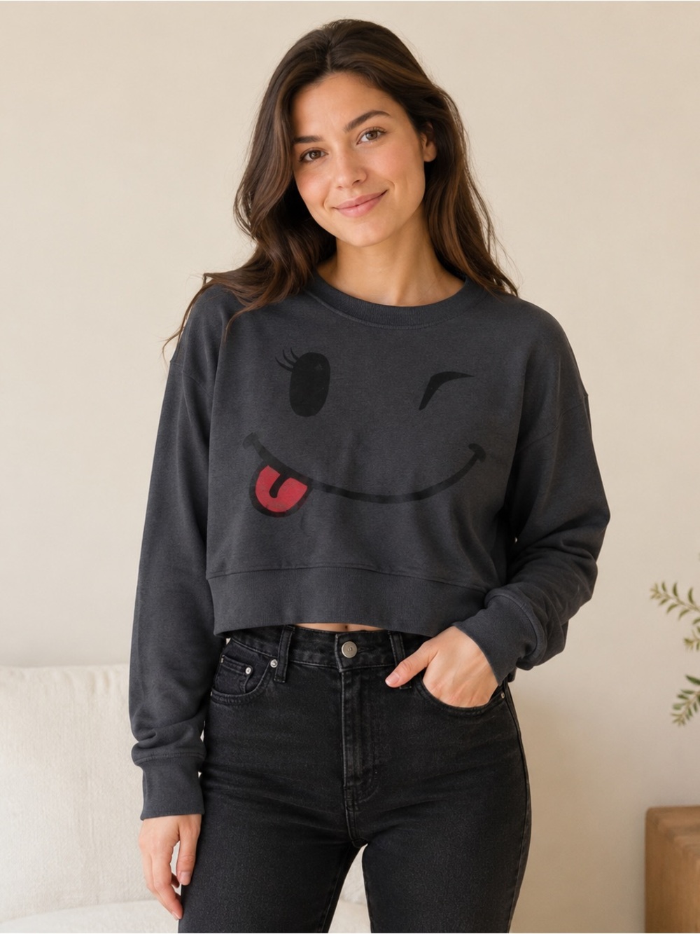 Juniors Graphic Sweatshirt Smiley Face Long Sleeve Top Gray Size L